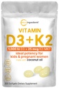Micro Ingredients Vitamin D3 1.000 IU + K2 MK-7 25 mcg, 300 Softgels | Virgin Coconut Oil | 2-in-1 Knochen, Immun- & Herz-Unterstützung | Einfach zu schlucken, Non-GMO