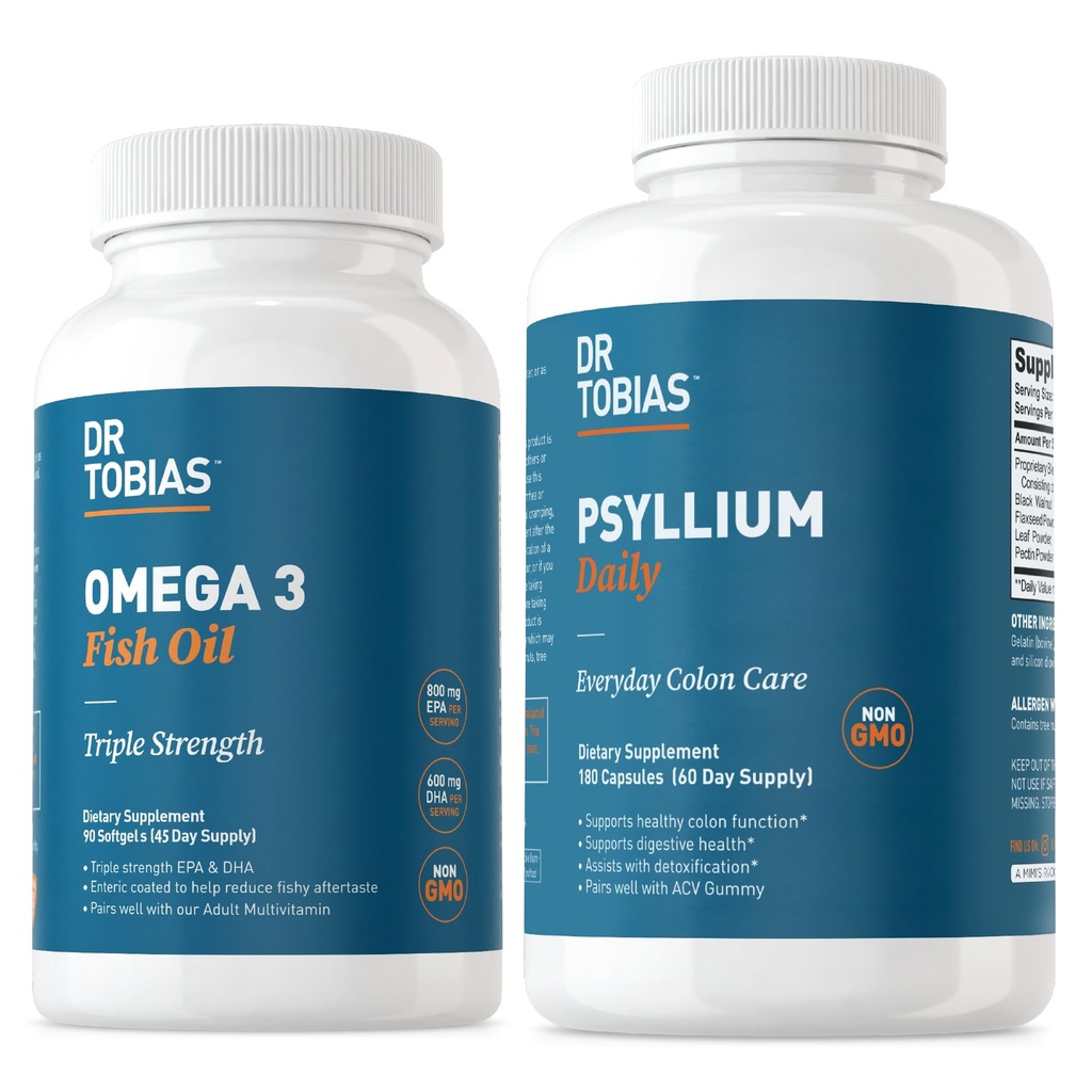 Dr. Tobias Omega 3 Fischöl & Psyllium Tägliche Ergänzungen für Herz, Gehirn & Immununterstützung, Gesunde Bowel-Bewegung unterstützt mit Psyllium Husk Kapseln
