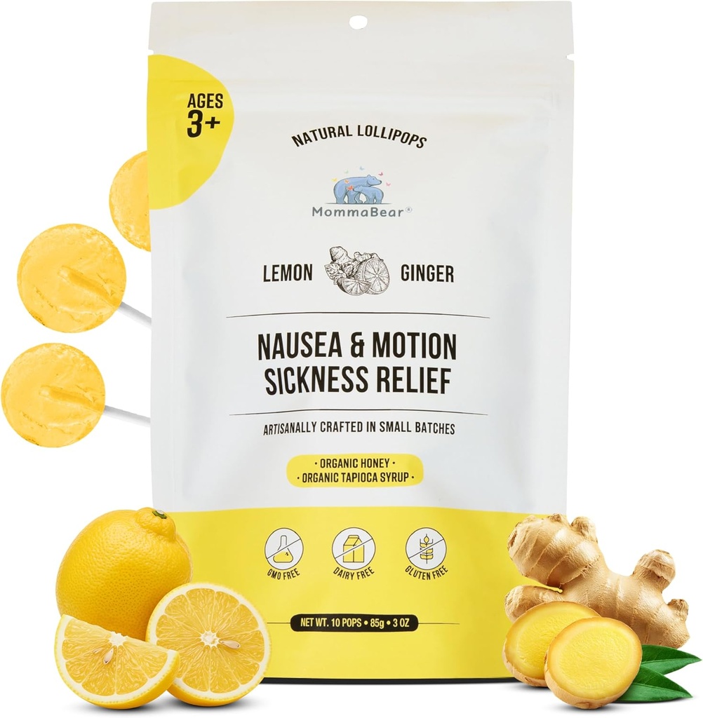 MommaBear Nausea & Motion Sickness Lollipops – Non-GMO Lemon & Ginger Candy für Nausea – Bio Lollipops für Kinder 3+ & Schwangere Frauen, um Queasiness zu lindern – Tightly Sealed for Freshness (10 Pack)