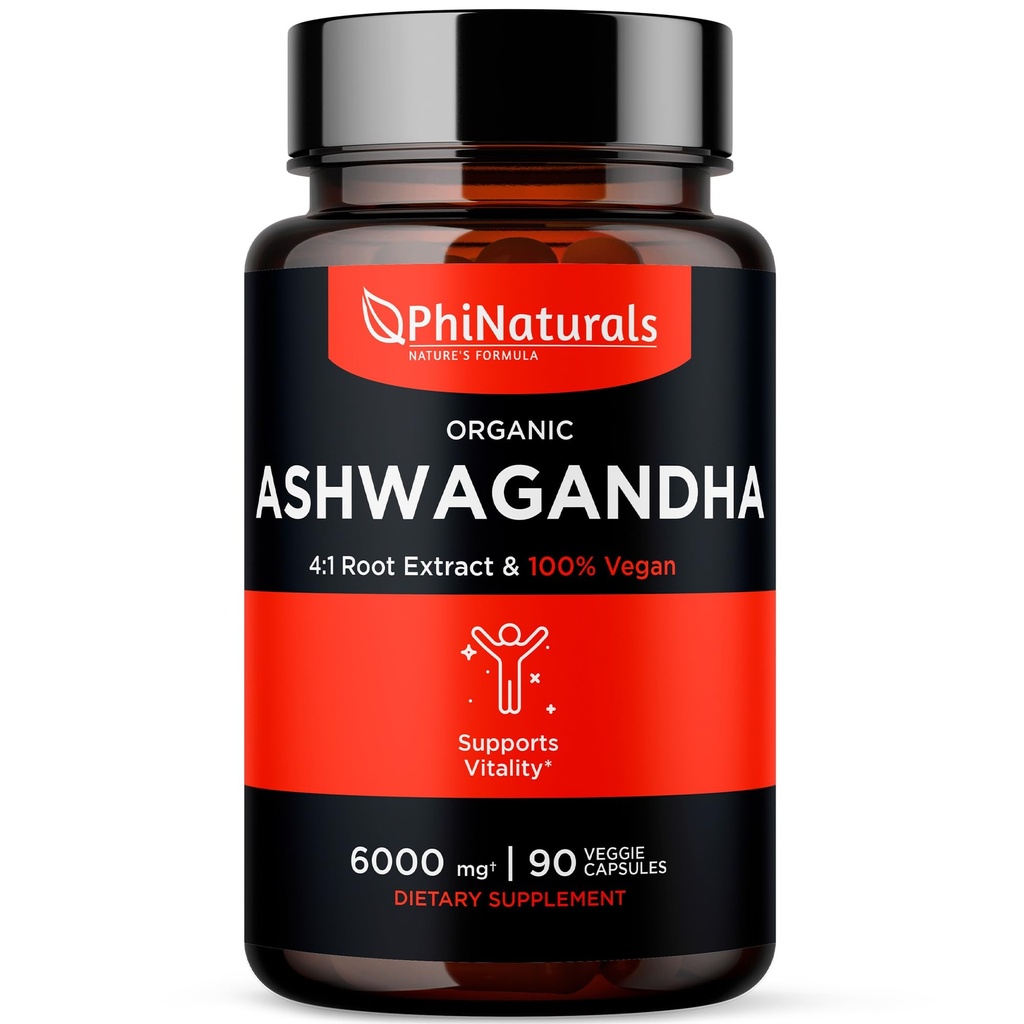 PhiNaturals Extrait de racine biologique Ashwagandha dans des capsules véganes égale à 6000 Mg de racine - Supplément Ashwaganda pour hommes et femmes avec 1500 Mg par portion 30 portions - 500mg Par capsule végane 90 Compte