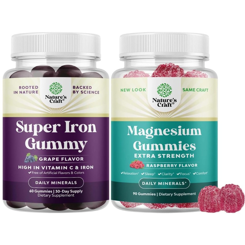 Bundle of Delicious Iron Gummies for Women and Men - Iron Supplement for Women and Men with Vitamin C for Higher Absorption and Extra Strength Magnesium Gummies for Adults - Relaxing Magnesium Citrate