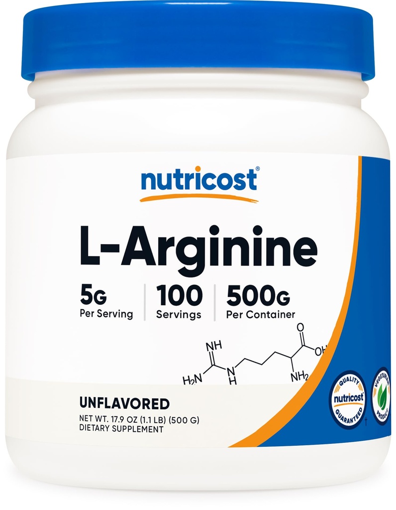 Nutricost L-Arginin-Pulver 500 Gramm (1.1lbs) - Reines L-Arginin-Pulver - 5000mg pro Servierung; 100 Portionen