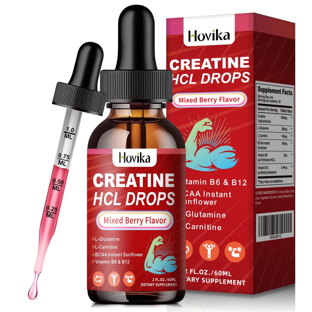Kreatin HCL Flüssigkeitstropfen für Männer & Frauen, Kreatinhydrochlorid mit L-Carnitin, L-Glutamin, BCAA, Vitamin B12 & B6 für Muskelwachstum & Erholung-Vegan, Gemischte Beeren Flavor Flavor, 2 Fl Oz