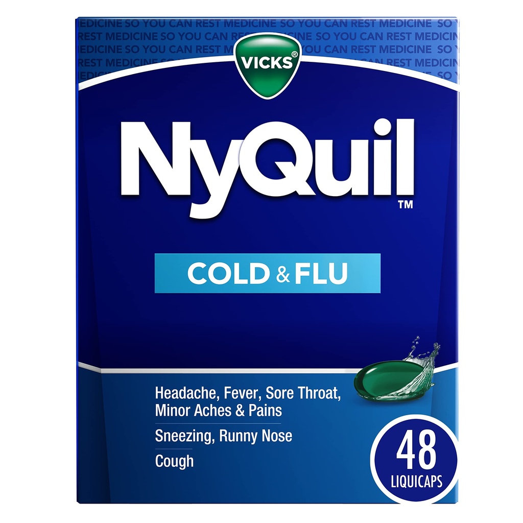 Vicks NyQuil Cold & Flu Relief Over-the-Counter Medicine, Powerful Multi-Symptom Nighttime Relief for Headache, Fever, Sore Throat, Aches, Sneezing, Runny Nose & Cough, 48 LiquiCaps
