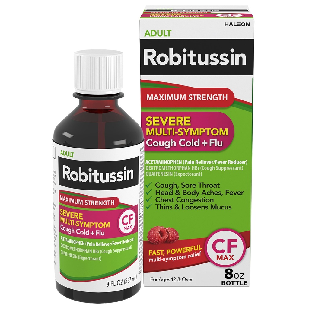 Robitussin Maximum Strength CF Max, Severe Multi-Symptom Daytime and Nighttime Relief from Cough, Cold, and Flu, Adult Formula, 8 fl oz