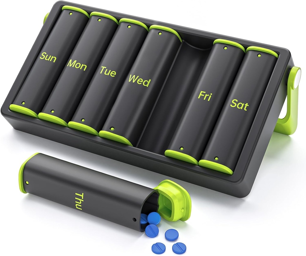 Organisateur hebdomadaire de pilules 2 fois par jour, KOVIUU Grande boîte de pilules de voyage 7 jours, Am Pm deux fois par jour cas de pilules avec poignée rotative, contenant de support de pilule pour la vitamine, la médecine, supplément, huile de poisson, vert