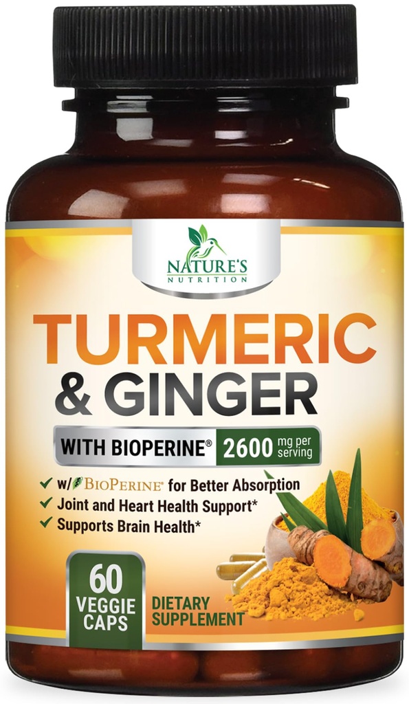 Kurkuma Ergänzung 2600mg - mit Bio-Ginger & Kurkuma, BioPerine Black Pfeffer Extrakt 95% Curcuminoide - Advanced Absorption Joint & Antioxidant Extra Strength Support - 60 Kapseln