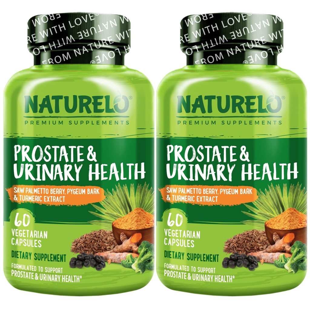 NATURELO Prostata & Urinary Health, Umfassende Formel mit Sägepalme, Pygeum, Tumeric, Pflanzenschweine, Broccoli und Lycopene, 60 vegetarische Kapseln (Pack von 2)