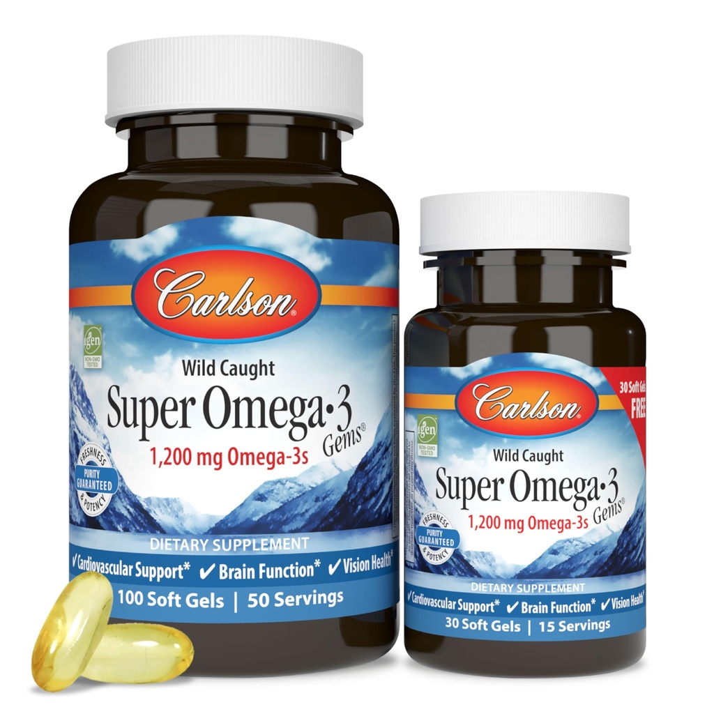 Carlson - Super Omega-3 Gems, 1200 mg Omega-3 Acides gras avec EPA et DHA, Supplément Norvégien Wild-Caught, Capsules d'huile de poisson à source durable, Suppléments Omega 3, 100+30 Softgels