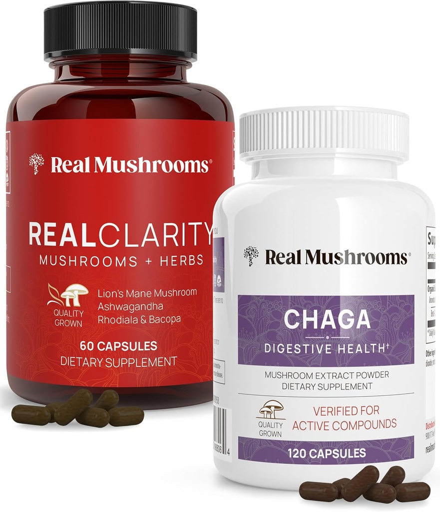 Véritables champignons RealClarity (60ct) et Chaga (120ct) Capsules Bundle - Supplément de champignons pour la clarté mentale, la concentration, la santé digestive et le soutien immunitaire - Vegan, non-OGM, niveaux vérifiés de bêta-glucanes