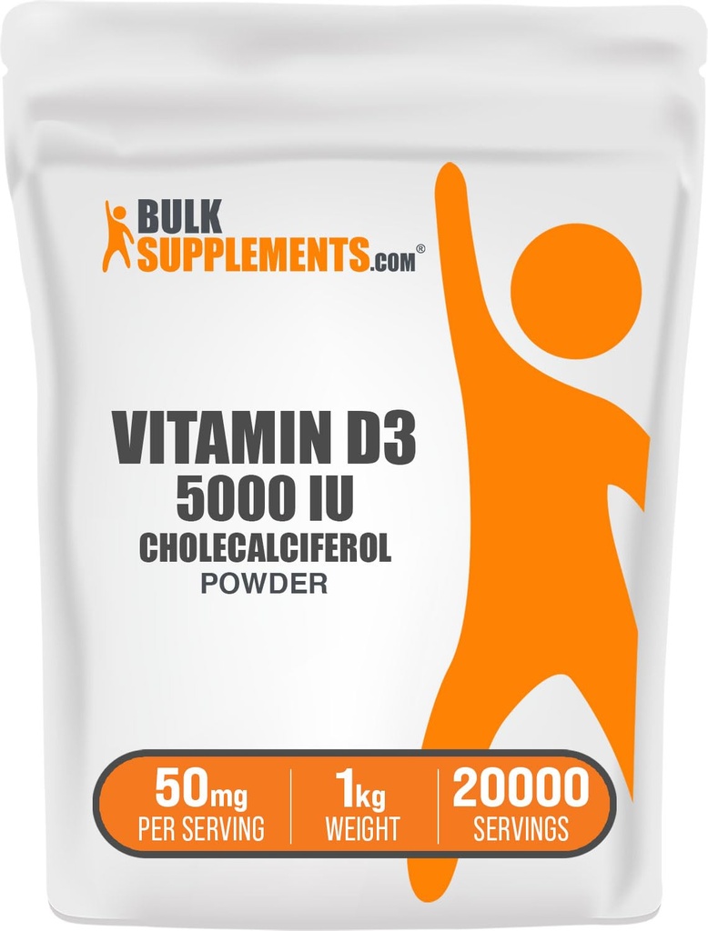 BulkSupplements.com Vitamin D3 Powder - Cholecalciferol, Vitamin D Supplements, 5000 IU - Gluten Free, 50mg (125mcg of Vitamin D3) per Serving, 1kg (2.2 lbs) (Pack of 1)