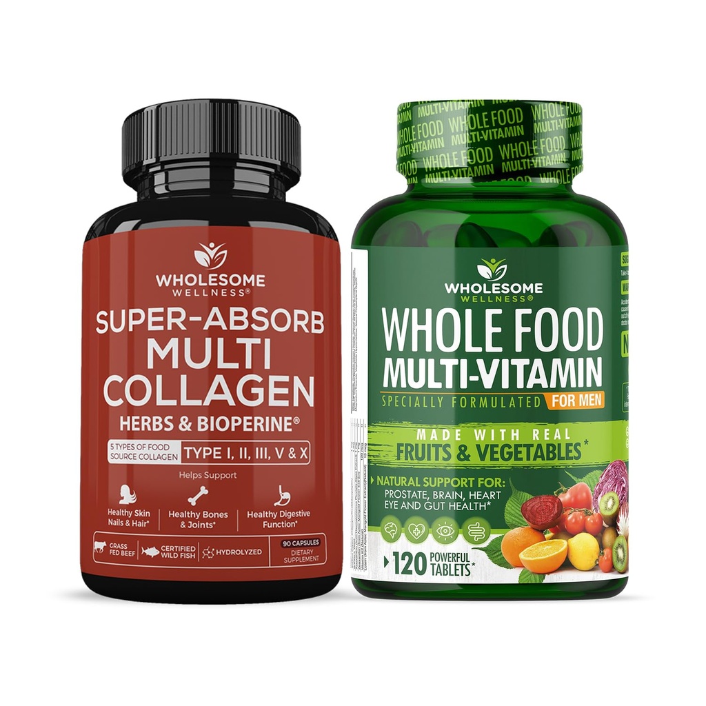 Bien-être sain Super-Absorbe Pilules multicollagènes (Type I II III V X) Herbes organiques et biopérine + Multivitamines alimentaires complètes pour les hommes - Multivitamines naturelles, minéraux, extraits organiques