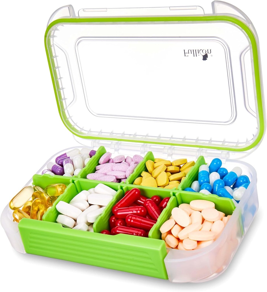 Fullicon Large Pill Organizer mit 8 Komponenten, Moisture Proof Travel Pille Box mit abnehmbarem Divider, Tägliche Pille Container mit Lables, Pille Fall für Vitamin, Fischöl, Beilage (Clear Green)