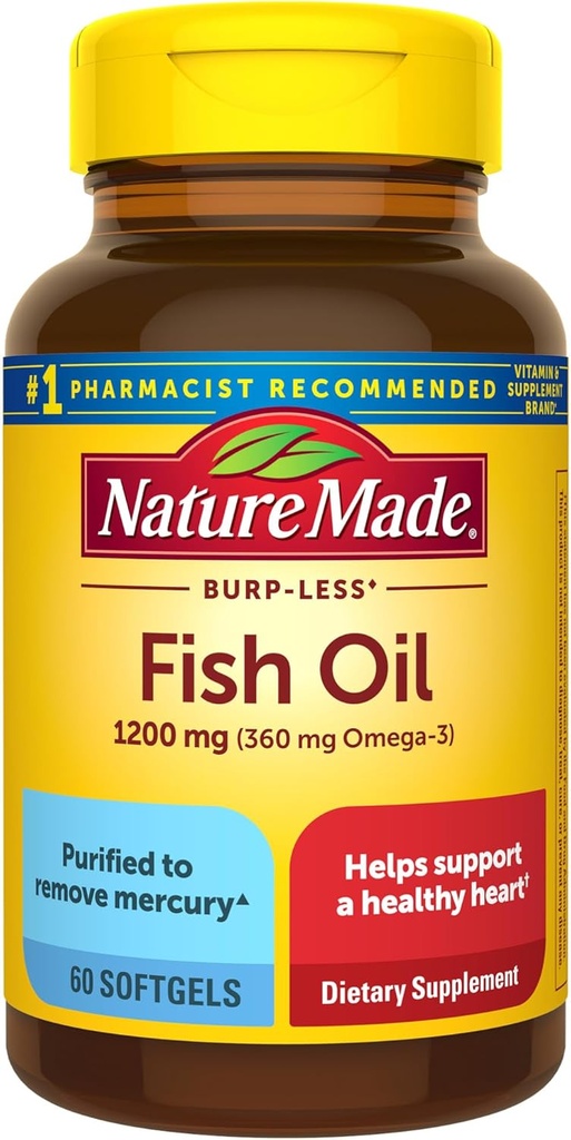Natur gemacht Burp Weniger Fischöl Omega 3 Ergänzungen, 1200 mg Softgels, EPA DHA Omega 3 Fischöl Ergänzungen für gesunde Herzunterstützung, 60 Softgels, 30 Tage Versorgung