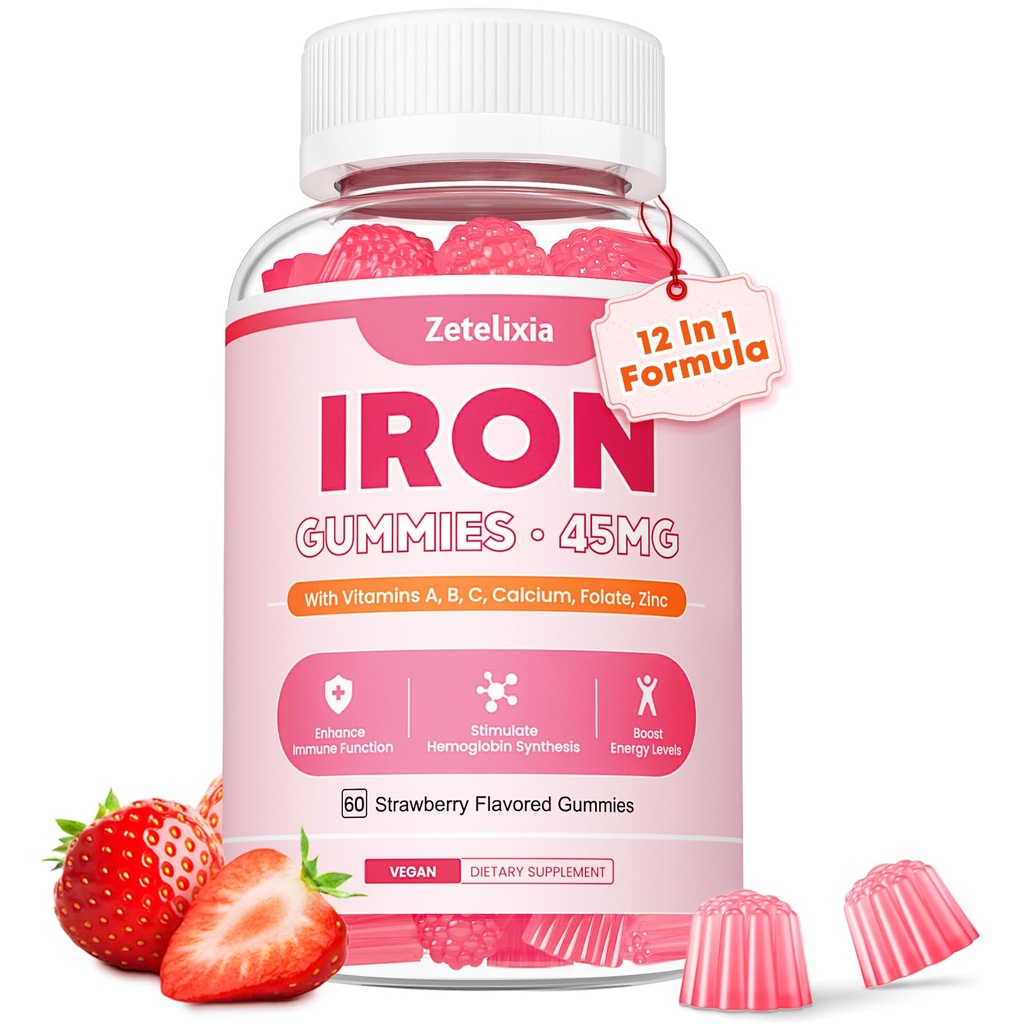Vegane Eisen-Ergänzungsgummis für Frauen & Männer, Anämie, Blut-Erbauer & Energie-Unterstützung für Eisenmangel, mit Vitamin C, A, B Complex, Folate, CoQ10, Zuckerfrei, Non-GMO, 60 Count