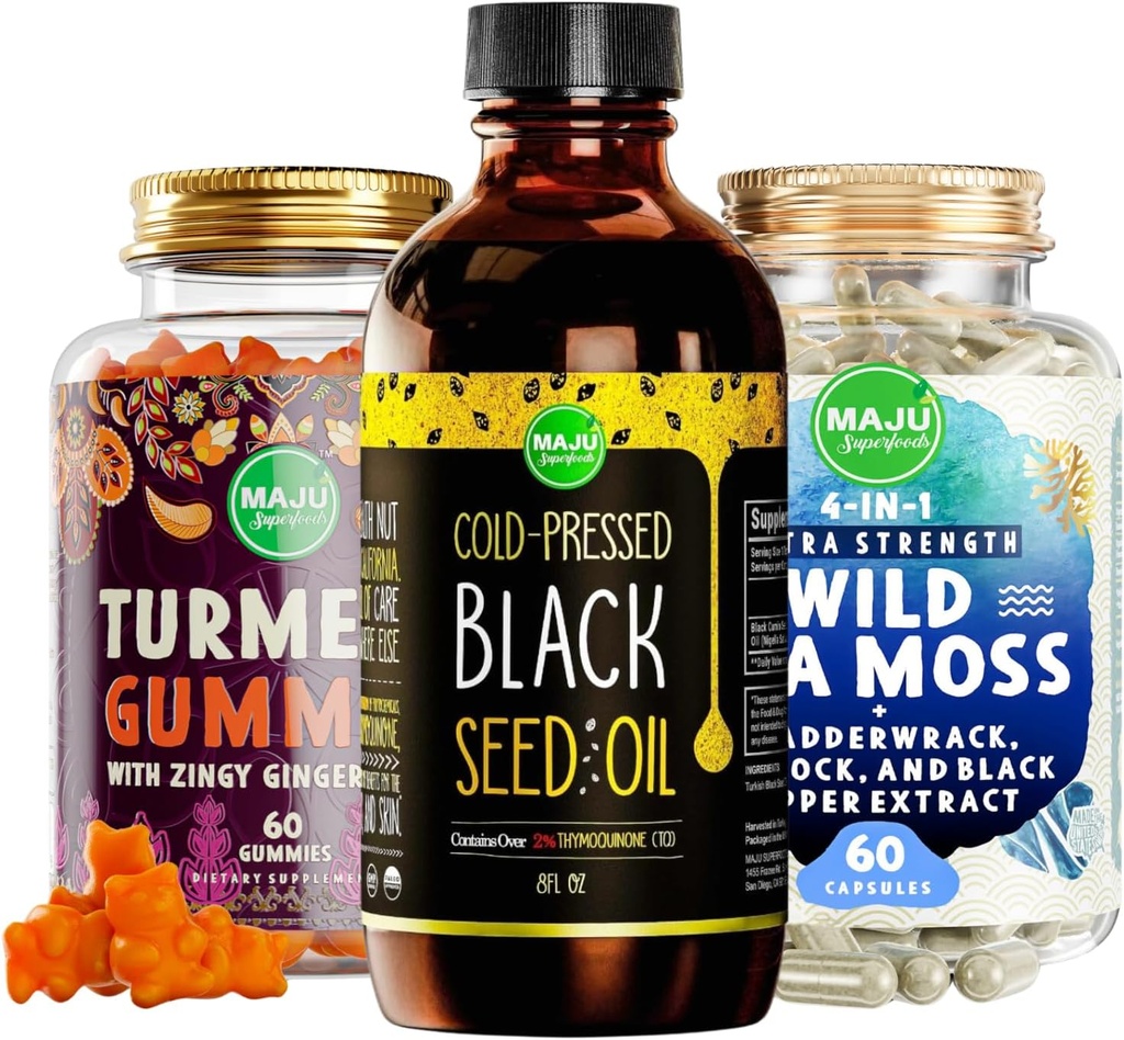 Maju Superfoods Huile de graines noires, capsules 4-en-1 de mousse de mer et gommies de gingembre curcumin