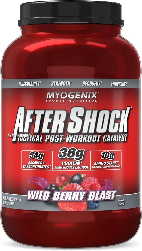 Myogenix Aftershock Post Workout Powder – Whey Protein mit Carbs für Muskelrückgewinnung & Tank – Wildberry Blast, 3 lbs