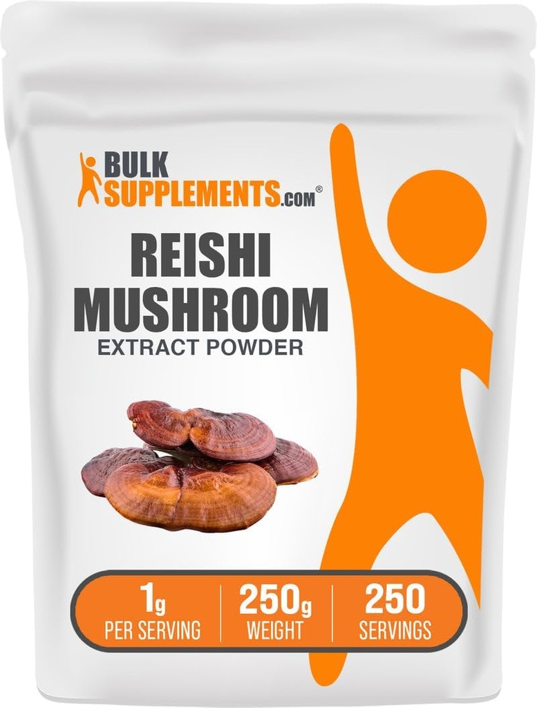 BulkSupplements.com Reishi Poudre d'extrait de champignons - Reishi Poudre de champignons, supplément pour le bien-être général - sans gluten, 1g par portion, 250g (8,8 oz) (paquet de 1)