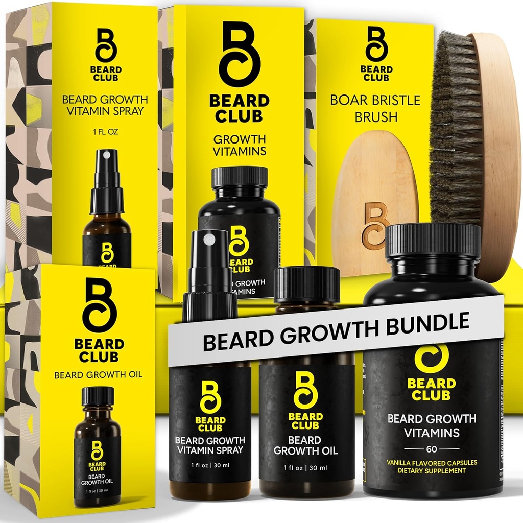 Beard Club Premium Bart Growth Kit - Wachstumsöl, Vitamine, Vitamin Spray & Boar Bristle Brush - Geschenkset