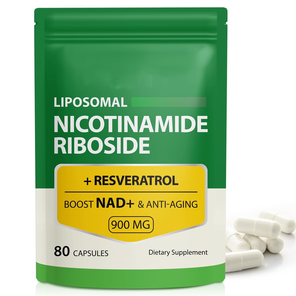 Supplément NAD, 900mg - Liposomique Nicotinamide Riboside NAD+ Supplément avec Resvératrol soutient Muscle, Cerveau, Énergie Cellulaire - Supplément NMN Alternative pour les hommes et les femmes, 80 Capsules (paquet de 1)