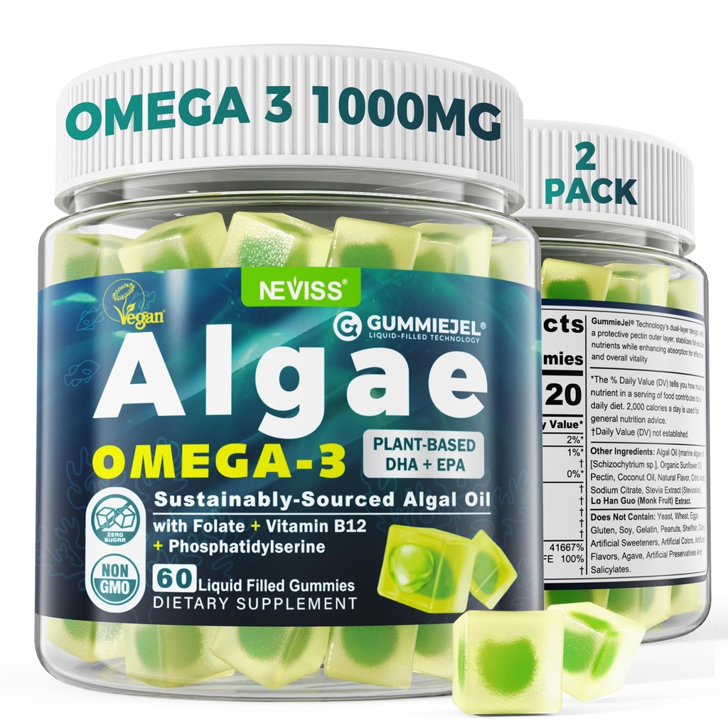 2 Pack Algae Omega 3 Gommies 1000mg, base végétale DHA 460mg et EPA 230mg, Omega 3 Huile de poisson alternative pour les adultes, plus le molate de méthyle, vitamine B12, Phosphatidylsérine, Pas de goût de poisson, végétalien, sans sucre