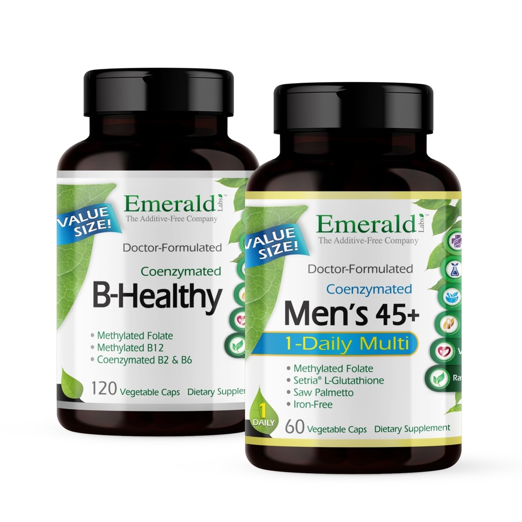 EmeraLD LABS Bundle avec B Healthy (120 Veg Caps) & Homme 45+ 1-Daily Multi (60 Veg Caps) - Complexe Vitamine B végétalien avec Vitamines à spectre complet B - Multivitamine homme avec CoQ10, Lycopène et plus