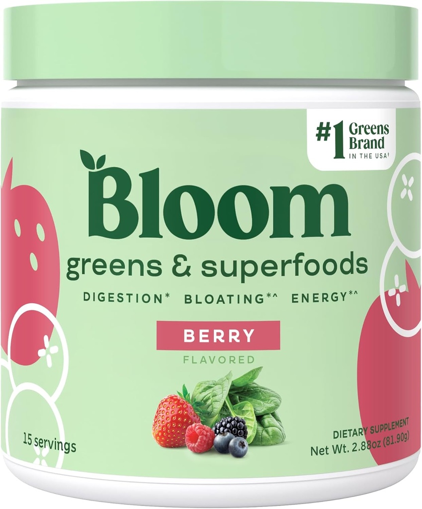 Bloom Nutrition Superfood Greens Powder, Digestive Enzyme w/Probiotics & Prebiotics, Gut Health, Bloating Relief für Frauen, Chlorella, 15 SVG (15 Servierungen (Pack von 1), Berry)