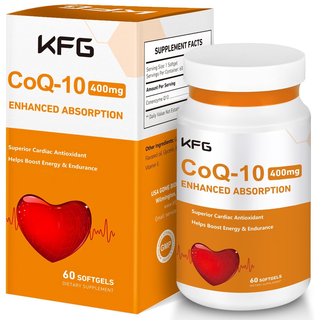 KFG CoQ10 400mg Softgels, Coenzym Q10 Ergänzungen unterstützen Herzgesundheit, Herz-Kreislauf-Gesundheit, Immunsystem & Zelluläre Energieproduktion, Glutenfrei