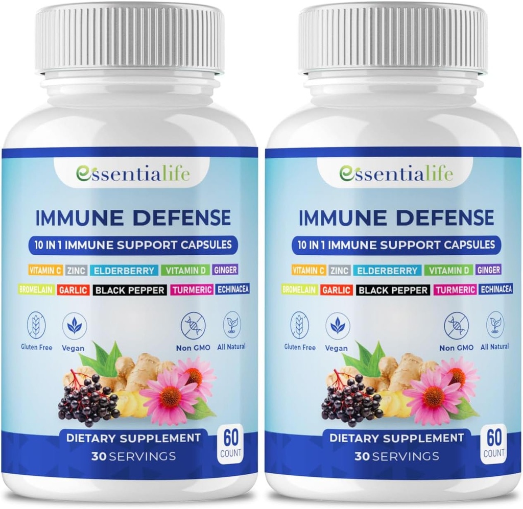 Immununterstützungsergänzung - 2 Packungen 10 in 1 Elderberry, Echinacea, Vitamin D, Vitamin C 1000mg & Zinkergänzung - mit Immun-Booster für Erwachsene - 120 Vitamine Kapseln
