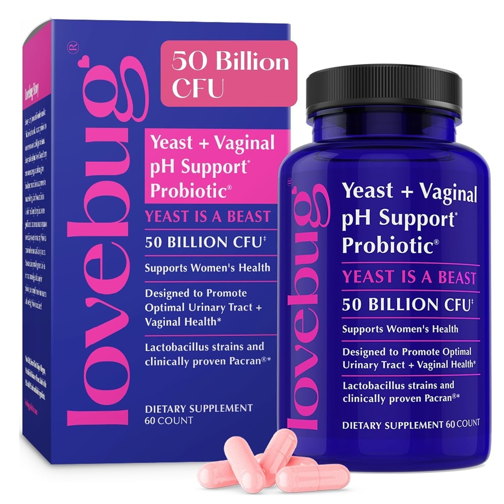 Lovebug Yeast und Vaginal Probiotics für Frauen pH Balance & Urinary Tract, 50 Billion CFU, UTI, BV, Odor Unterstützung mit Lactobacillus, Bifidobacterium, Digestive & Vaginal Health Supplement 60 Kapseln