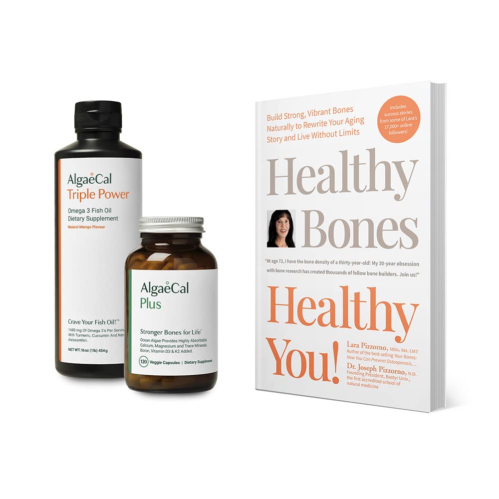 ALGAECAL Bundle - Supplément de calcium avec vitamine D + K2, Mag, Boron & Omega 3 Huile de poisson avec EPA & DHA et Livre de Lara Pizzorno Bons sains Vous, pour augmenter la santé osseuse