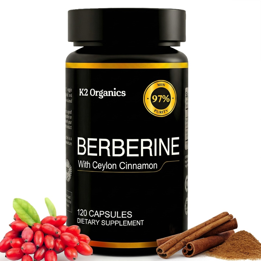 Berbérine avec Ceylan Cinnamon 1200mg – 97% Pureté- Non-OGM, Sans gluten, Supplément végétalien testé en laboratoire (120 Nombre)