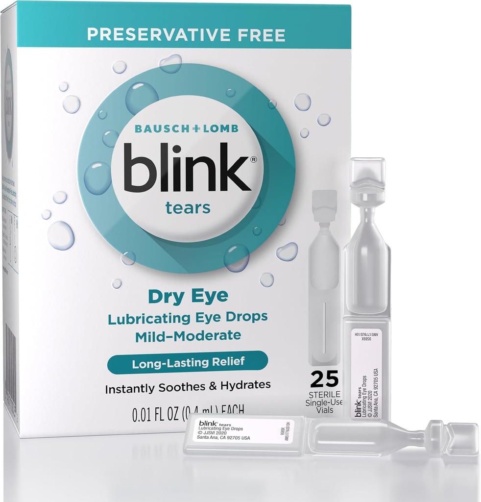 Blink Tears Lubricating Eye Drops Konservierungsmittelfrei, Feuchtigkeitsspendend und beruhigend für Mild bis Moderate Dry Eye, mit Hyaluronate, Reduziert Unglück, Langlebigkeit, 0,01 Single-Use Vials, 25 Count