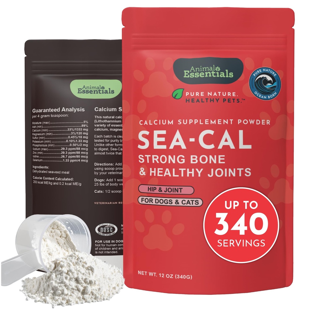 Calcium d'algues animales essentielles - Supplément pour chiens et chats, haute digestibilité, Calcium d'algues islandaises pures et propres, sans plomb et hormones, laboratoire testé, magnésium - 12 Oz (paquet de 1)