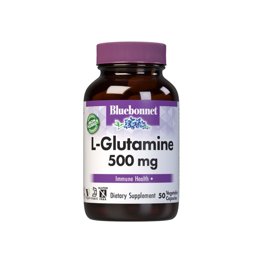 Bluebonnet Nutrition L-Glutamine 500mg, Unterstützt Immunfunktion, Stickstoff Transporter, Soy & Gluten-Free, Non-GMO, Kosher Certified, Vegan, 50 Gemüsekapseln, Weiß, 50 Zähler