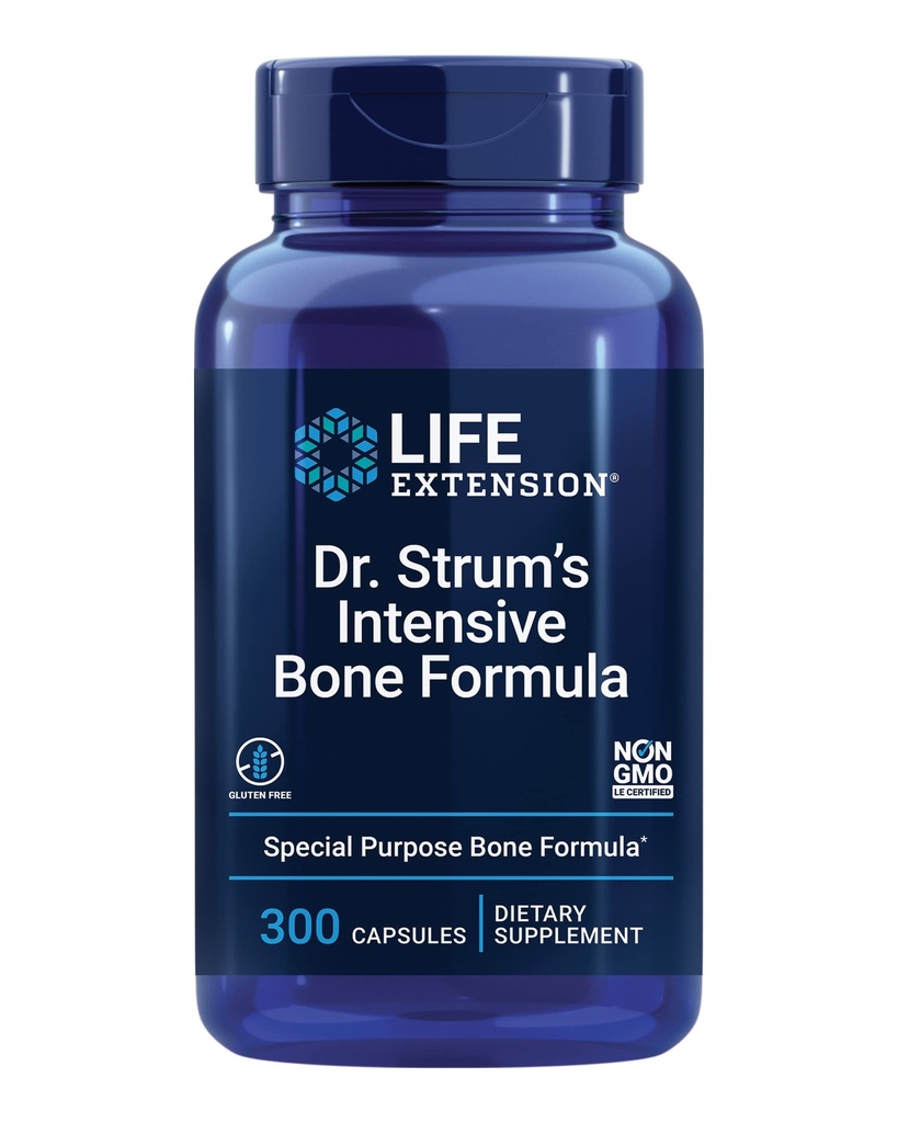 Life Extension Dr. Strum's Intensive Bone Formula, Cissus quadrangularis, Calcium, Vitamin D3, K2, Magnesium, zinc, Potassium, Boron, Bone Health Support Formula, Gluten Free, Non-GMO, 300 Capsules