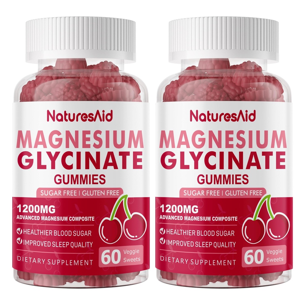 Magnesium-Glycinat-Gummien 1000mg - Zuckerfreie Magnesium-Kalium-Ergänzung mit Vitamin D, B6, CoQ10 für Kalm-Mood & Schlaf-Unterstützung - 120 Kirsch-Gummien -2 Pack.