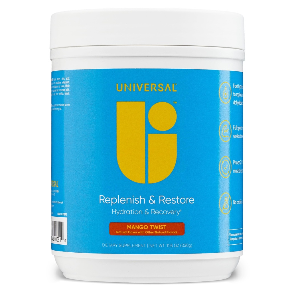 Universal U Replenish & Restore Powder, Hydration & Recovery, fördert Muskelreparatur und Wachstum, Custom Dosing, L-Lysine, L-Glutamin, L-Tryptophan, Keine künstlichen Flavors, 30 Servings (Mango Twist)