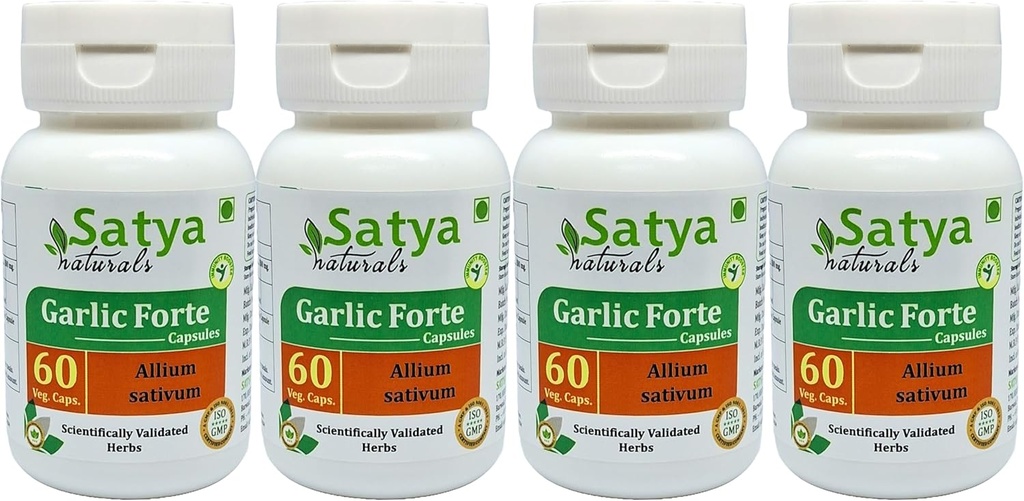 Knoblauch Forte Kapseln 500 mg. 60 Veg. Kapsel | Lahsan (Allium Sativum) Extrakt Kapseln für Männer und Frauen | Ayurvedische Kräuterergänzung / Heilmittel | 10:1 Forte (4 Flaschen von 60 Kapseln)