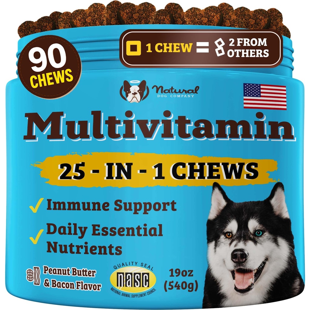 Natural Dog Company 25-en-1 Multivitamine Chews pour chiens – Vitamines quotidiennes de chien doux avec des antioxydants, Zinc et acide folique – soutient les articulations, la peau et le manteau, l'immuno-santé – Tous les âges, toutes les races