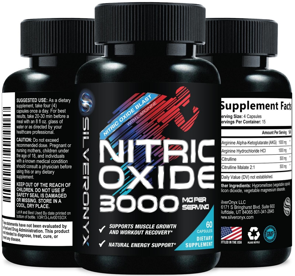 Supplément d'oxyde nitrique extra-résistance 3X Strength L Arginine, Citrulline Malate, AAKG, Beta Alanine - Booster nitrique de soutien musculaire Premium - Énergie naturelle et soutien de la santé cardiaque - 60 capsules