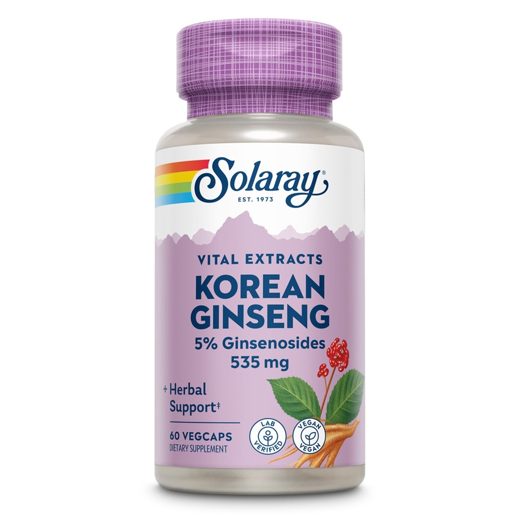 SOLARAY Korean Ginseng Root Extract - Herbale Unterstützung für okzialen Stress, Energie und körperliche Ausdauer - 5% Ginsenosides - Vegan, Lab Verified - 60 Servietten, 60 VegCaps