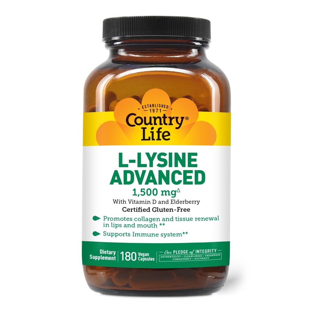 Country Life L-Lysine 1500mg Kapseln mit Vitamin D & Elderberry – Advanced Immune Support and Collagen Renewal – Certified Gluten-Free & Vegan – 180 Kapseln