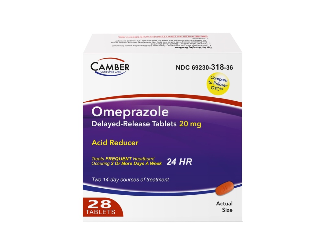 Camber Omeprazole 20mg Delayed-Release Tablets, Heartburn and Acid Reducer Reflux Medicine 28 Tablets