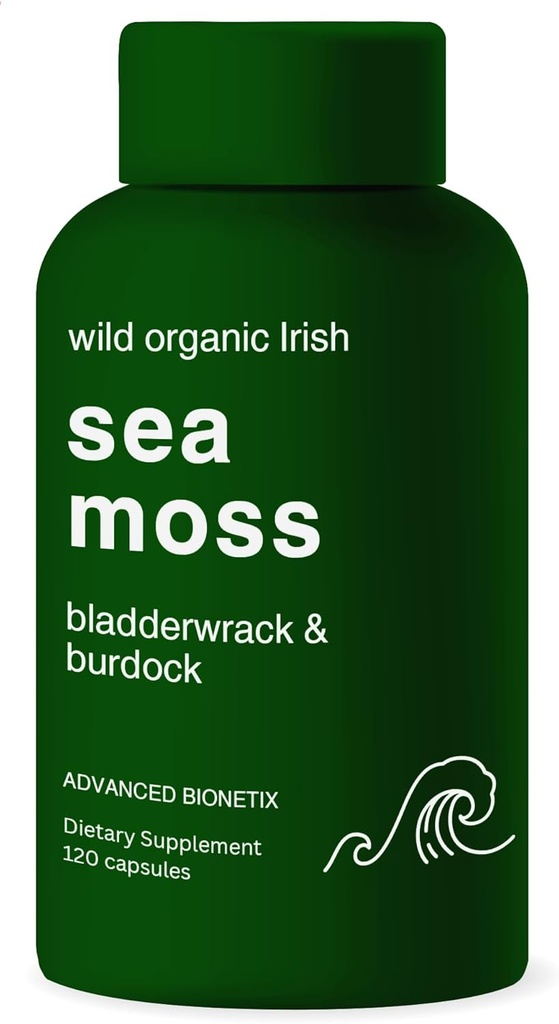 Capsules de moss de la mer d'Irlande biologique, Seamos de la mer sauvage brute amélioré avec/Bladderwrack & Burdock Root Capsules 120 Total Pills Antioxydant emballé. Superfood prébiotique, support thyroïde