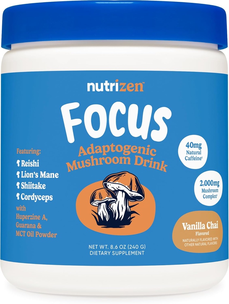 Nutricost Nutrizen AM Focus Boissons de champignons adaptogènes (Vanilla Chai Flavored) 30 portions - Comprend Reishi, Lion's Mane, Shiitake, Cordyceps