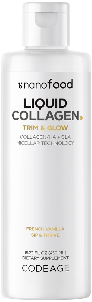 Codeage Complément de collagène liquide Vanilla Flavor, Beauty Trim & Glow Liposomal Collagen Peptides, CLA Acide linoléique conjugué, acide hyaluronique, vitamine E, hydrolysé, non-OGM, 15,22 fl oz