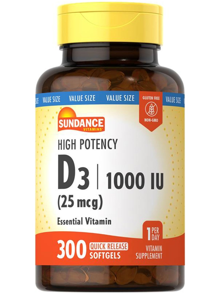 Sundance Vitamine D3 1000 UI , 300 Softgels , haute puissance , formule de vitamine essentielle , sans OGM et supplément sans gluten