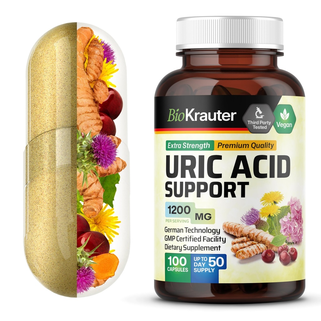 BIO KRAUTER Uric Acid Support Capsules 1200 mg Mélange - 100 Compte - Supplément de rein avec cerise àart 10:1 Extrait - Thistle de lait et extrait de curcuma - Vegan