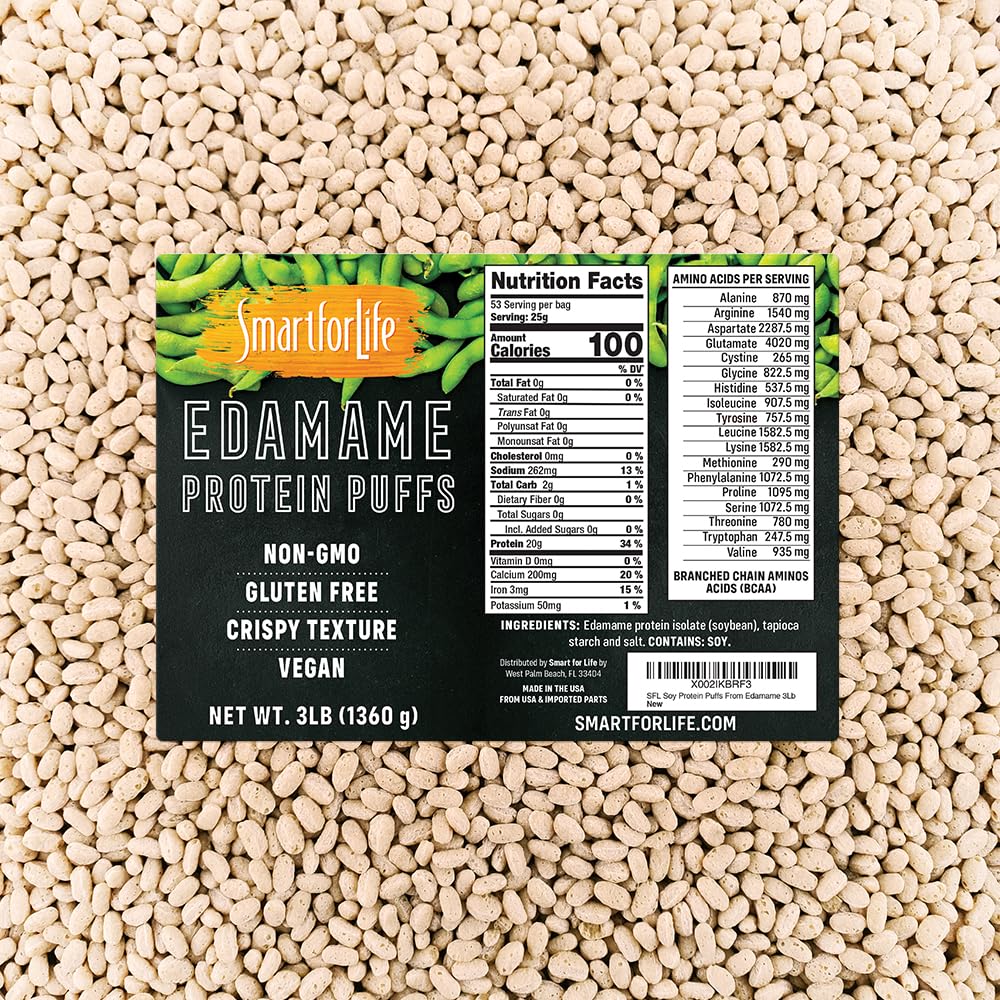 Smart for Life - Edamame Protein Puffs - High Zero Sugar Soy Protein Isolate Puffs 3LB - 20 Grams Snacks - Non-GMO, Gluten-Free, Vegan - 3 PoundsBox - 53 Servings